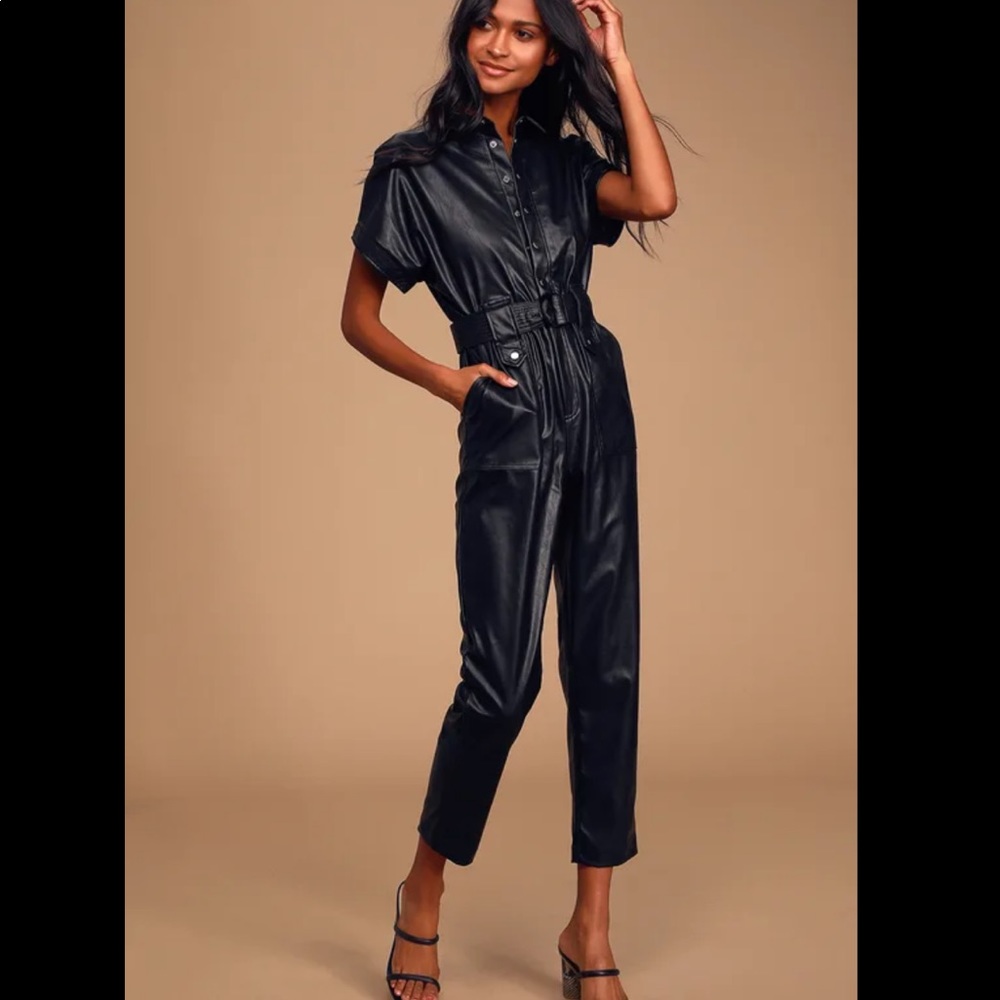 Bardot Black Faux Leather Moto Belted Jumpsuit M / 6 or 8